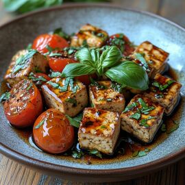 Imagem da notícia Salada Caprese de Tofu com Tomates Confitados e Balsâmico